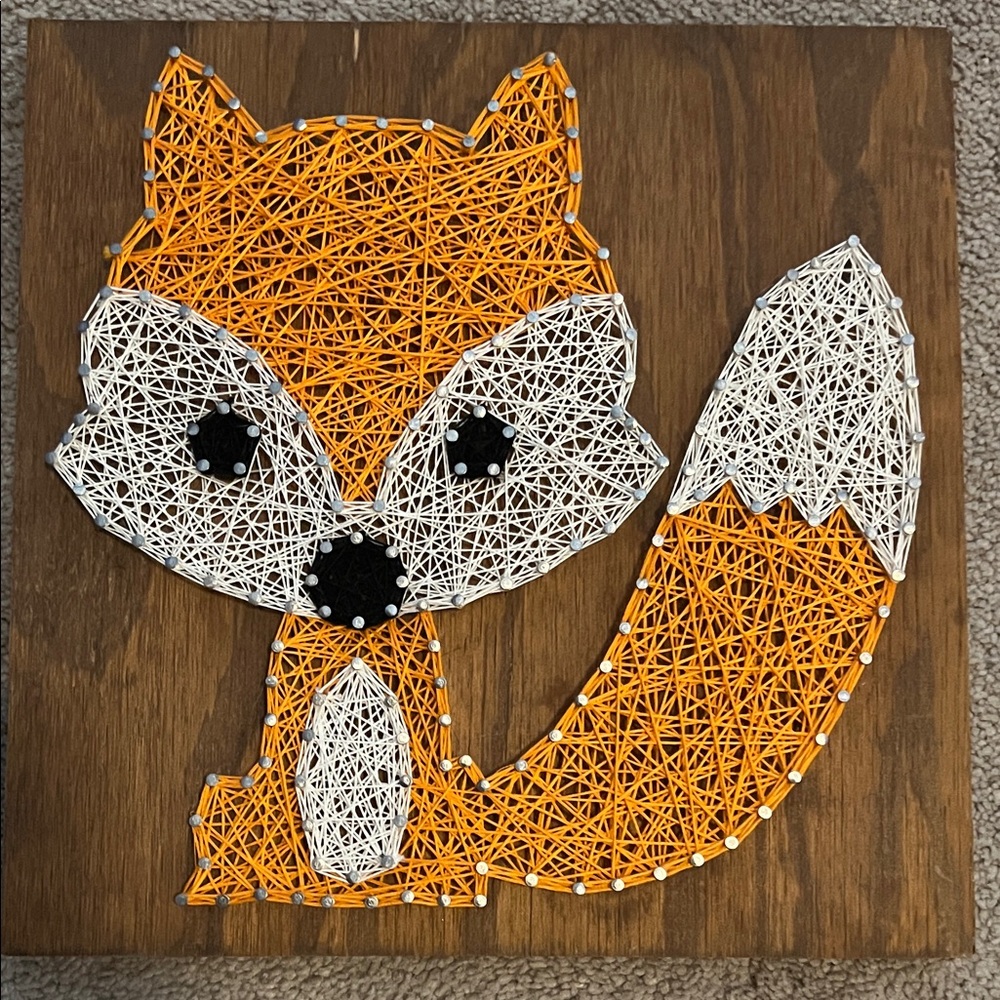 Hand Crafted Orange and White Fox String Art Wall Decor